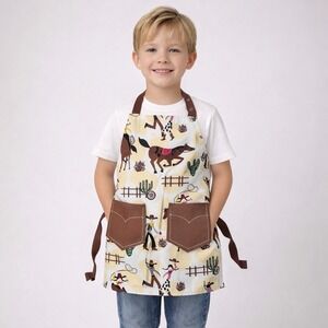 Now Designs Child Western Cowboy Apron Brown Pockets Rodeo Kitchen Craft